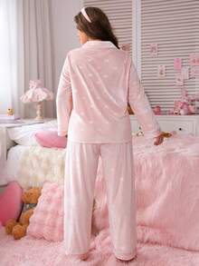 PetitDoll Plus Size Women Bow Jacquard Velvet Pocket Front Button Long Sleeve Top & Pants Pajama Set Light Pink Pajama Set Bridal Pajama Set Sleep Wear Women 2 Pieces Set, Fall & Winter Clothes - Baby Pink - View 2