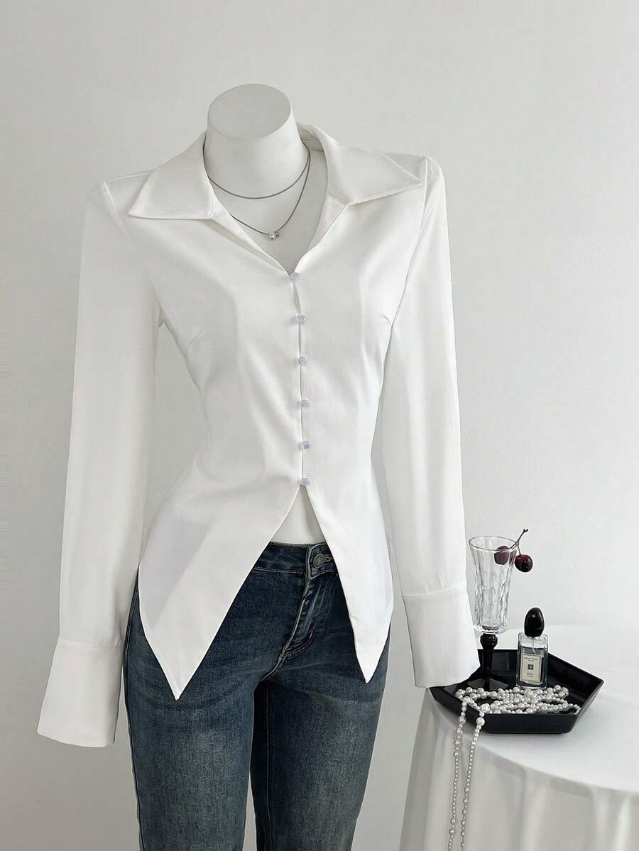 SHEIN Unity Áo sơ mi nữ tay dài cài nút, dáng ôm, viền bất đối xứng - trắng - Xem 1