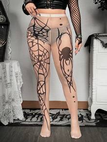 Whyspr Grunge Punk Plus Size Women Spider Print Leggings, Fashionable Punk Style - Black - View 4
