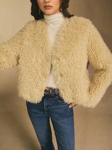 Poéselle Cozy Beige Faux Fur Teddy Jacket For Women,Elegant Soft Sherpa Cardigan,Warm Winter Fluffy Outerwear,Casual Solid Color Layer For Autumn & Night Out - Apricot - View 6