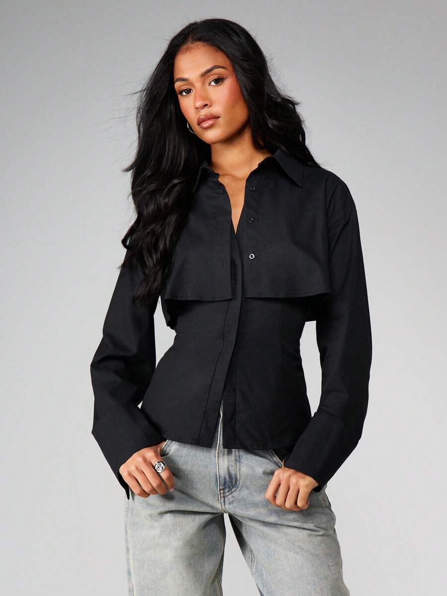 MISSGUIDED Double Layer Button Front Collared Long Sleeve Blouse With Overlay Cape Detail - Black - View 1