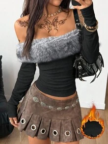 Coolane 女士冬季街头服饰外出嬉皮 Y2K 辣妹温暖/寒冷天气/保暖罗纹针织毛皮露肩白色长袖 T 恤 - 深灰色 - 查看 4