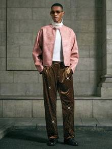 AKNOTIC Men's Solid Color Rhinestone Embellished Pleated Straight Leg Casual Pants - Gold - View 5