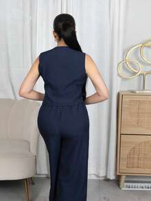 Melissa Matos 女士秋冬休闲通勤背心裤套装 - 藏蓝色 - 查看 2