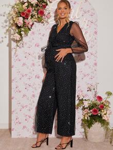 Loomaby Pregnant Women's Crossover V-Neck Mesh Lantern Sleeve Wide Leg Jumpsuit,Gender Reveal Dress,Maternity Dress, Baby Shower Dress Black Sequin Jumpsuit Mesh Jumpsuit Black Wedding Guest Dress Luxury Dress For Women Sheer Jumpsuit - Black - View 6