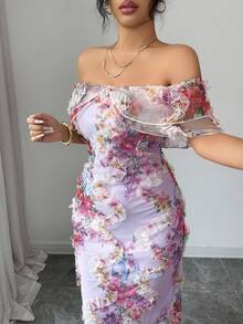 Elenzga Elegant Romantic Ruffle Off Shoulder Fitted Bodycon Dress With 3D Floral Mesh Fabric - Multicolor - View 4