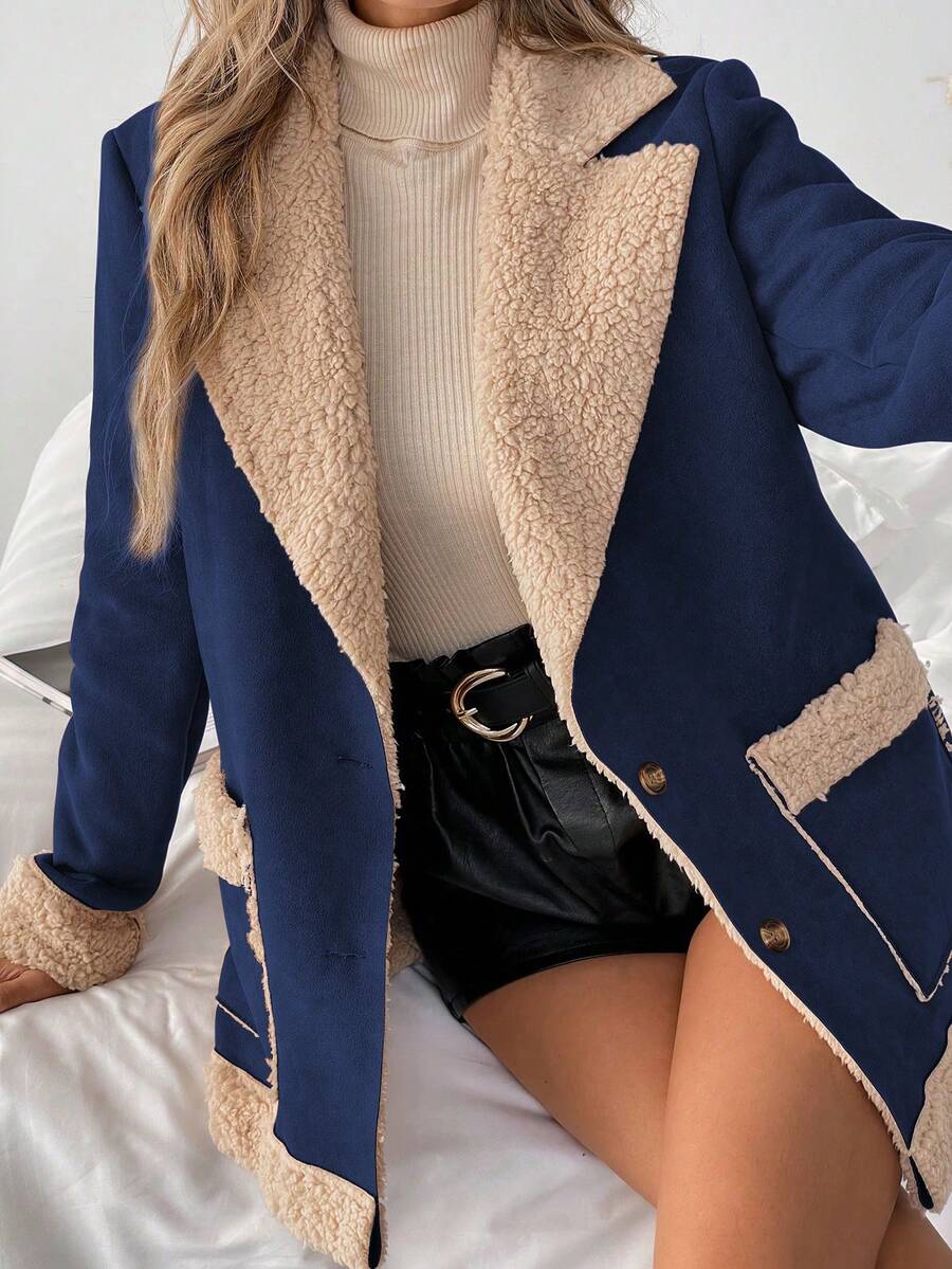 LanaWest 女士休闲立领单排扣双口袋抓绒外套，秋冬款 - 藏蓝色 - 查看 1