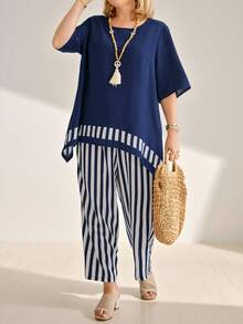 Momelise Plus Size Simple Daily Women's Top And Pants Two-Piece Set, For Summer - Navy Blue - View 4