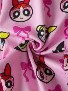 THE POWERPUFF GIRLS X SHEIN 女婴卡通可爱甜美粉色花朵、泡泡、毛茛图案翻领秋冬上衣和裤子睡衣套装 - 粉色 - 查看 7