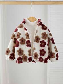 SHEIN Baby Girl Floral Pattern Long Sleeve Zip-Up Fleece Jacket, Autumn/Winter