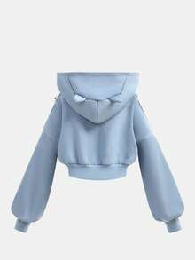 SHEIN Girlism 少女交叉露肩卫衣，带耳朵装饰，秋冬保暖内衬女童服装 - 霧霾藍 - 查看 2