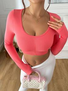 Slayform 女士纯色圆领长袖短款修身运动T恤 - 粉色 - 查看 7