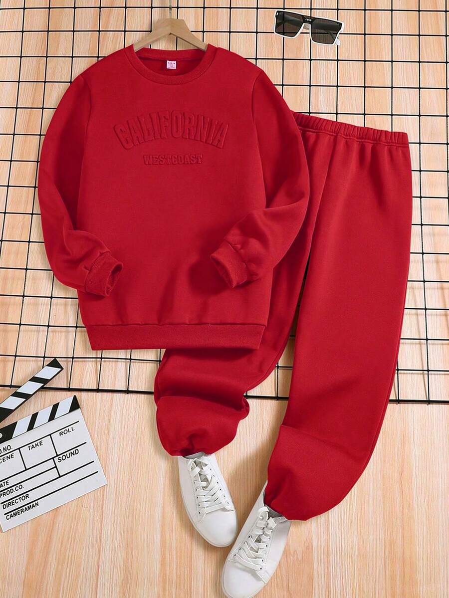 Conjunto de sudadera y pantalón de chándal con letras en relieve - Rojo - Ver 1