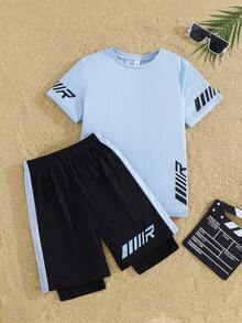 SHEIN 2pcs Tween Boy Splice Sports Textured Vertical Stripe Pattern Short Sleeve T-Shirt And Shorts Set,Kids - Blue - View 8