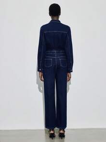 Maija Women's Autumn Long Sleeve Button Design Pocket Straight Leg Casual Denim Jumpsuit Old Money Style - Dark Wash - View 3