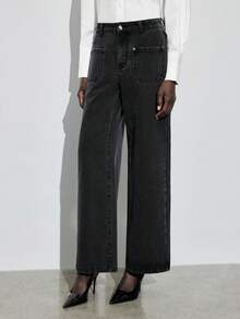 Maija Quần jeans ống rộng dáng rộng có túi thời trang thu đông dành cho nữ, quần ống rộng đi làm thường ngày, màu đen - màu đen - Xem 5