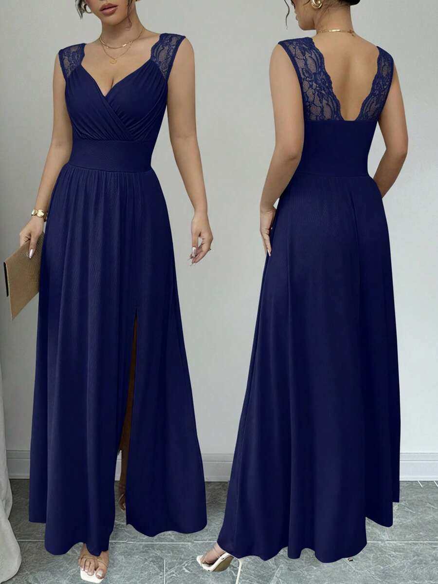 Rafferiza French Elegant Lace Trim V-Neck Pleated Waist Open Slit A-Line Long Dress, Khaki, Suitable For Daily Wear, Banquet, Wedding, Spring/Summer - Navy Blue - View 1