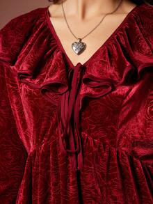 WESTFADE Robe mini évasée à manches longues avec volants superposés, col en V en velours gaufré avec nœud papillon. Idéale pour l'automne, l'hiver, les fêtes, Noël, le Nouvel An. Élégante, bohème, décontractée, mignonne, style western. - Rouge - Voir 6