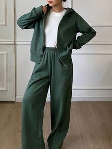 DAZY 女士休闲连帽卫衣和阔腿裤两件套，秋季运动套装，女士家居服套装 - 墨綠色 - 查看 6