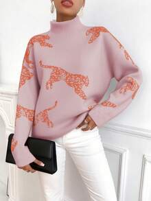 SHEIN Clasi Áo len cổ đứng họa tiết động vật thường ngày dành cho nữ, Thu/Đông - Hồng - Xem 5