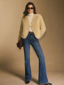 Poéselle Cozy Beige Faux Fur Teddy Jacket For Women,Elegant Soft Sherpa Cardigan,Warm Winter Fluffy Outerwear,Casual Solid Color Layer For Autumn & Night Out - Apricot - View 5