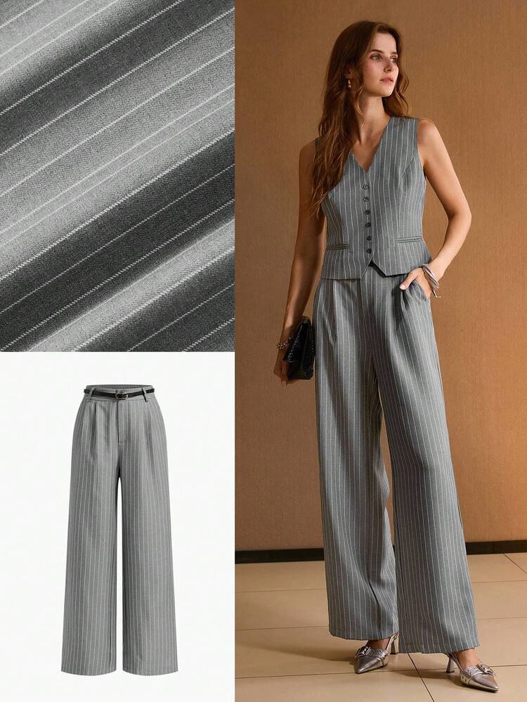 STRIPED PRINT SLANT POCKET WIDE LEG PANTS WITH BELT
