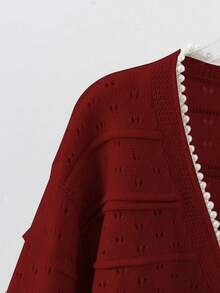 GlowEve CURVE Áo khoác len cardigan màu kaki, cổ chữ V đính hạt ngọc trai + vải organza, tuyệt đẹp - Màu Đỏ Sâu - Xem 6