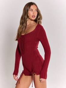 MUSERA Ribbed Knit Bow Detail Fitted Long Sleeve Playsuit Winter Cute Casual Cosy Cherry Lacquer Winter Party Elegant - Red - View 2
