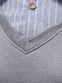 Manfinity Homme 男士保暖内衬商务风翻领加厚针织长袖毛衣，男士商务休闲上衣，灰色毛衣套头衫 - 灰色 - 查看 4