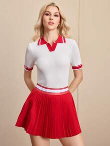 Cheerettes Women's Striped Polo Collar Short Sleeve Fitted Sweater Tennis Dress - White - View 1