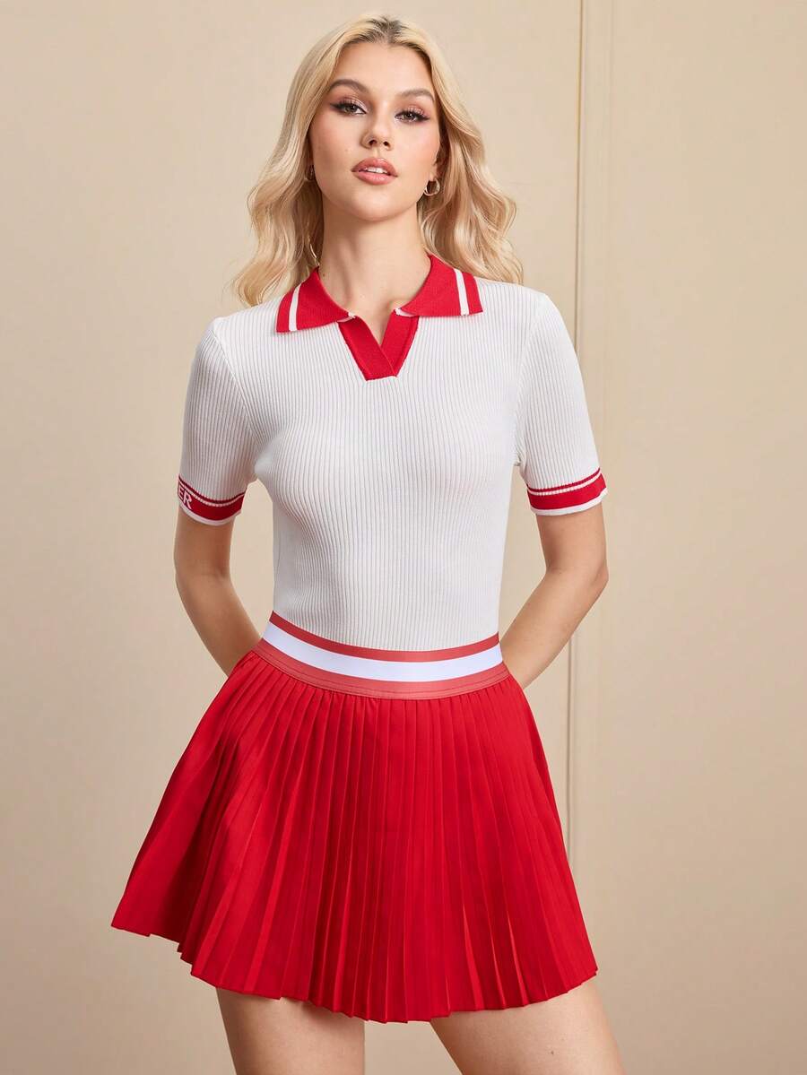 Cheerettes Women's Striped Polo Collar Short Sleeve Fitted Sweater Tennis Dress - White - View 1