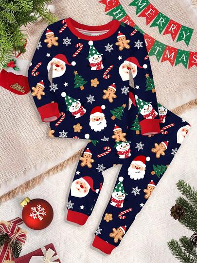 SHEIN Baby Boy Casual Minimalist Warm & Comfortable Christmas-Themed Snug Fit Long Sleeve Top And Pants Pajama Set, Featuring Star, Christmas Tree, Santa Bear, And Reindeer Prints, Suitable For Autumn/Winter