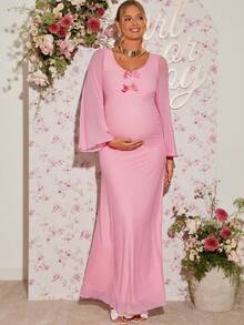 Loomaby Elegant Pink Autumn Pregnant Maternity Dress,Solid Color Flare Sleeve Bow Decor Baby Shower Dress,Gender Reveal Breastfeeding Gown For Photoshoot - Pink - View 4