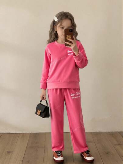 Elladie kids Söt och söt tjejtopp med engelska bokstäver och broderi, långärmad topp i kombination med enkla långbyxor och rosa casual t-shirtset