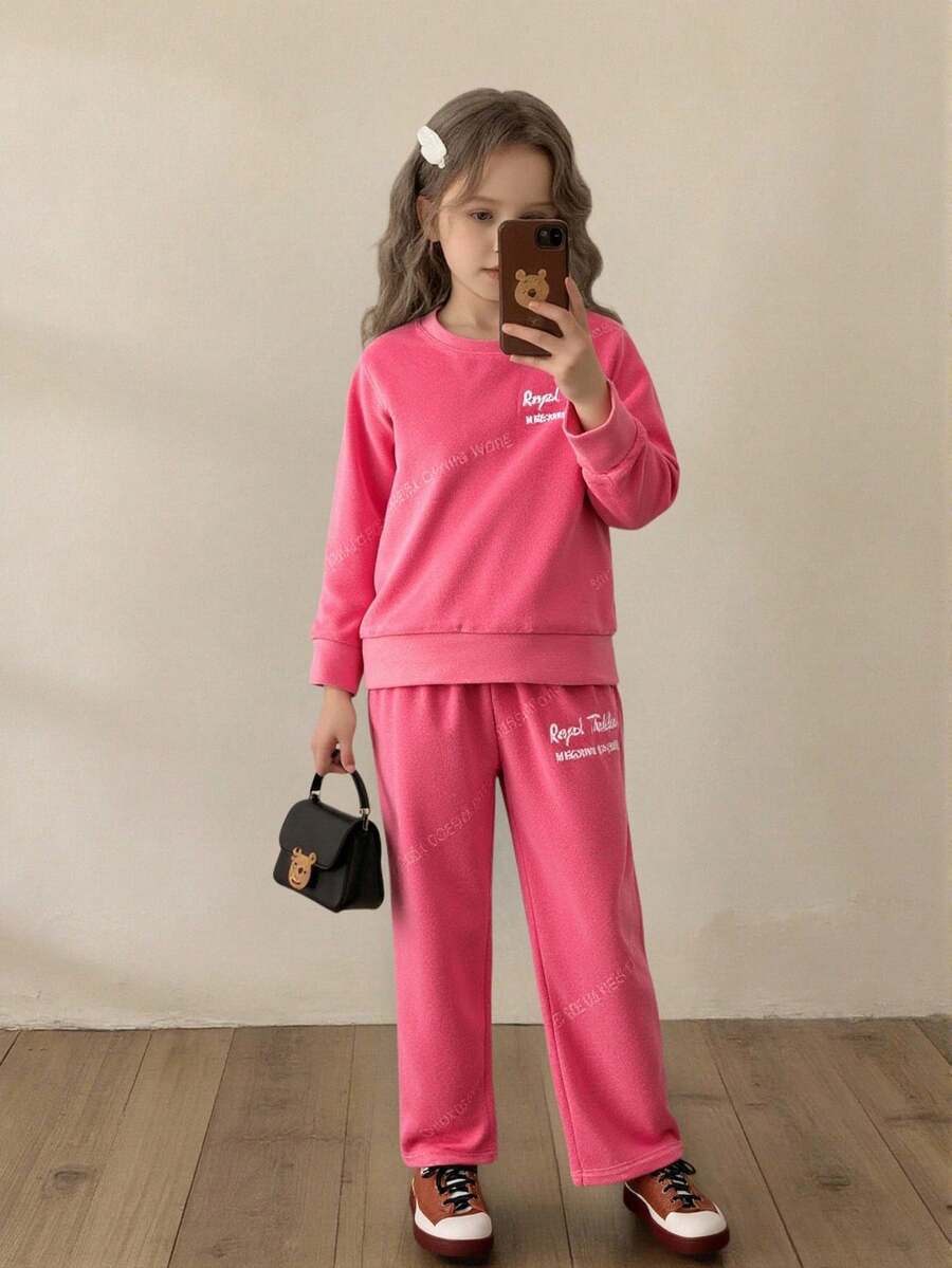 Elladie kids Young Girls Sweet & Cute Girl English Letter Embroidery Long Sleeve Top Paired With Simple Long Pants, Pink Casual T-Shirt Set - Pink - View 1