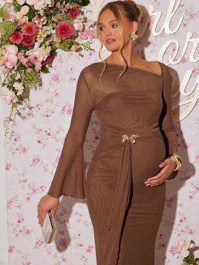 Loomaby Vestido de maternidad elegante de fiesta con mangas acampanadas y unicolor