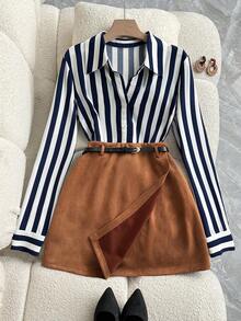 SHEIN Franclia Falda casual versátil de talle alto 2 en 1 con cinturón, otoño/invierno - Marrón - Ver 5