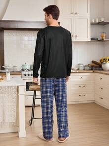 CoupledUp 心形格纹极简休闲长袖上衣和长裤男士睡衣套装，冬季服装 - 黑色 - 查看 3