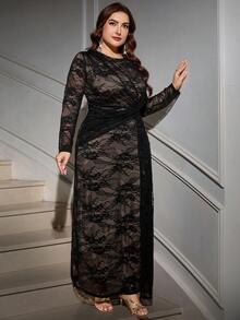 SHEIN Clasi 大码优雅蕾丝荷叶边系腰长袖连衣裙,黑色蕾丝连衣裙,优雅连衣裙,女士秋冬服装,大码秋冬服装,适合各种场合,如万圣节、圣诞节、约会之夜、外出等。黑色蕾丝连衣裙,大码长袖正式连衣裙,曲线身材正式晚礼服,优雅曲线连衣裙 - 黑色 - 查看 5