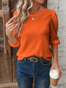 EMERY ROSE Women's Casual Solid Color Round Neck Puff Sleeve T-Shirt, Autumn - Orange - View 5