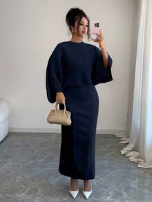 Elenzga Yellow Long Sleeve Top And Straight Skirt 2 Pieces Set, Elegant And Suitable For Party, Commute In Autumn/Winter - Navy Blue - View 3