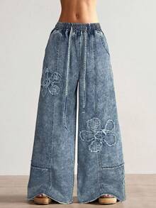 Bohemela Women's Casual Solid Color Wide Leg Jeans - Light Wash - View 4