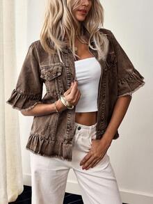 EMERY ROSE Plus Size Casual Washed Denim Jacket With Ruffle Hem - Coffee Brown - View 4