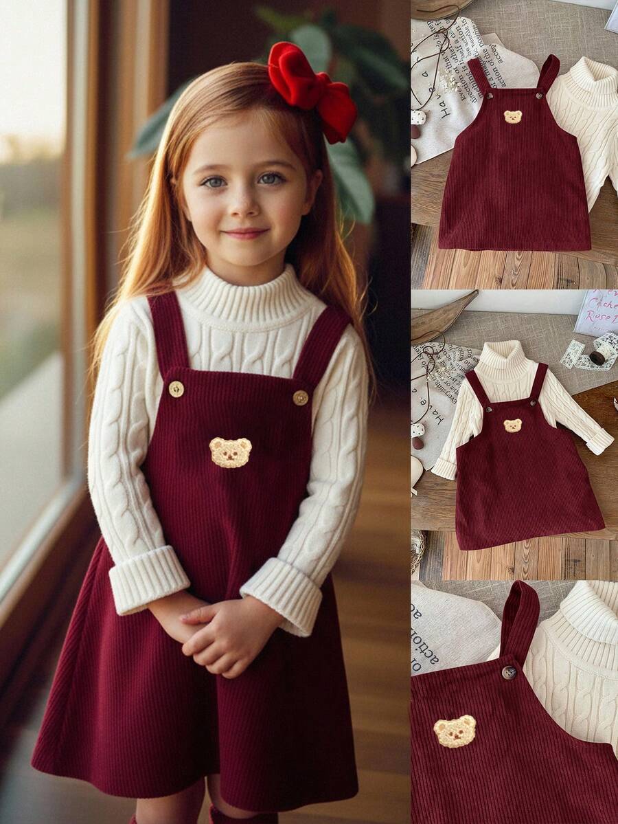 Emery Rose Kids Emery Rose Kids Burgundy Corduroy Pinafore Dress For Toddler Girls Sleeveless Round Neck Short Design With Cute Bear Detail Baby Girl Fall Winter Outfit - Burgundy - View 1