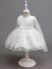 SHEIN Glamorique Kids 女婴香槟色刺绣网纱薄纱连衣裙（带披肩），公主花童连衣裙，适合婚礼、派对、生日、正式场合 - 米色 - 查看 3