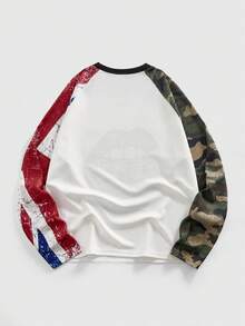 ROMWE MEN Street Life 男士唇印迷彩拼接圆领插肩长袖T恤 - 白色 - 查看 2