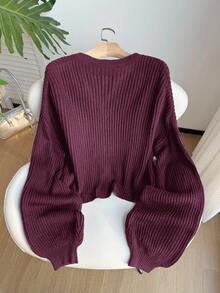 SHEIN EZwear Áo len chui đầu dài tay màu tím đỏ cỡ lớn - Màu đỏ tím - Xem 2