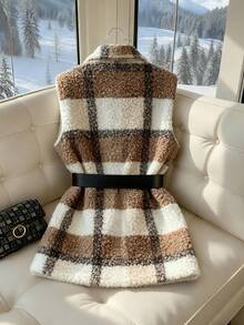 Franclia Women's Elegant And Fashionable Top, Thermal Lined Top, Plaid Top, Collared Pocket Top, Autumn And Winter Style Top. - Camel - View 2