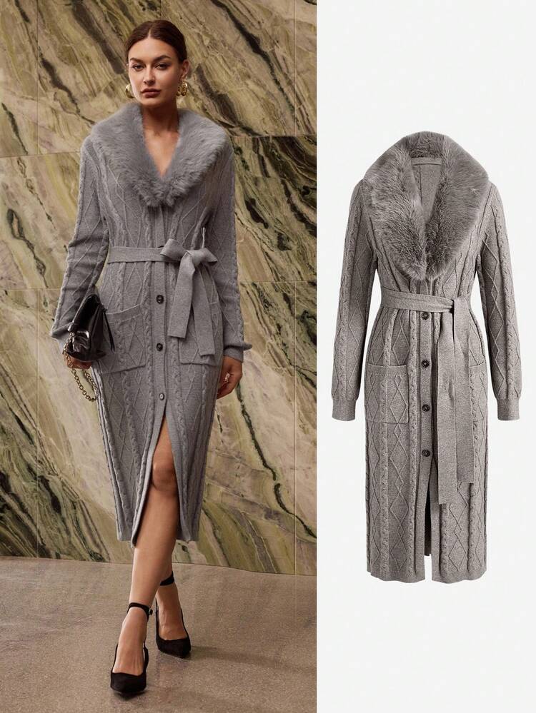 CONTRAST FAUX FUR BELTED CARDIGAN