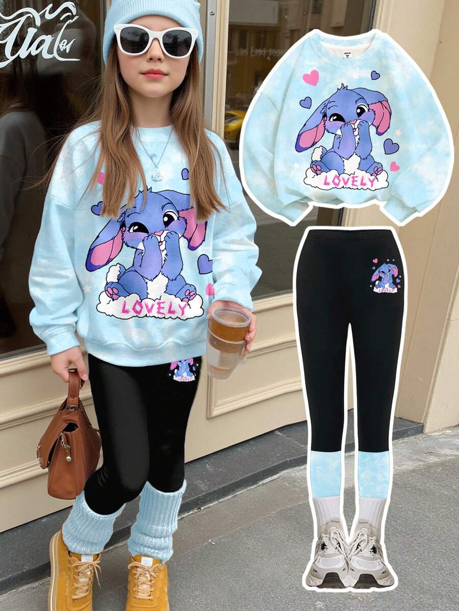 SHEIN 2pcs/Set Teen Girls Cute Cartoon Blue Rabbit Lulu, Stitch Pattern Tie-Dye Sweatshirt And Leggings Set, Comfortable Loose Fit Crew Neck Pullover And Skinny Pants, Suitable For Autumn/Winter Daily Wear, Casual Outfits , Easy Comfort, Autumn/Winter Layers For Girls, Stylish Kids, Casual Wear, Kids Graphic Clothes, Fall/Winter Clothes